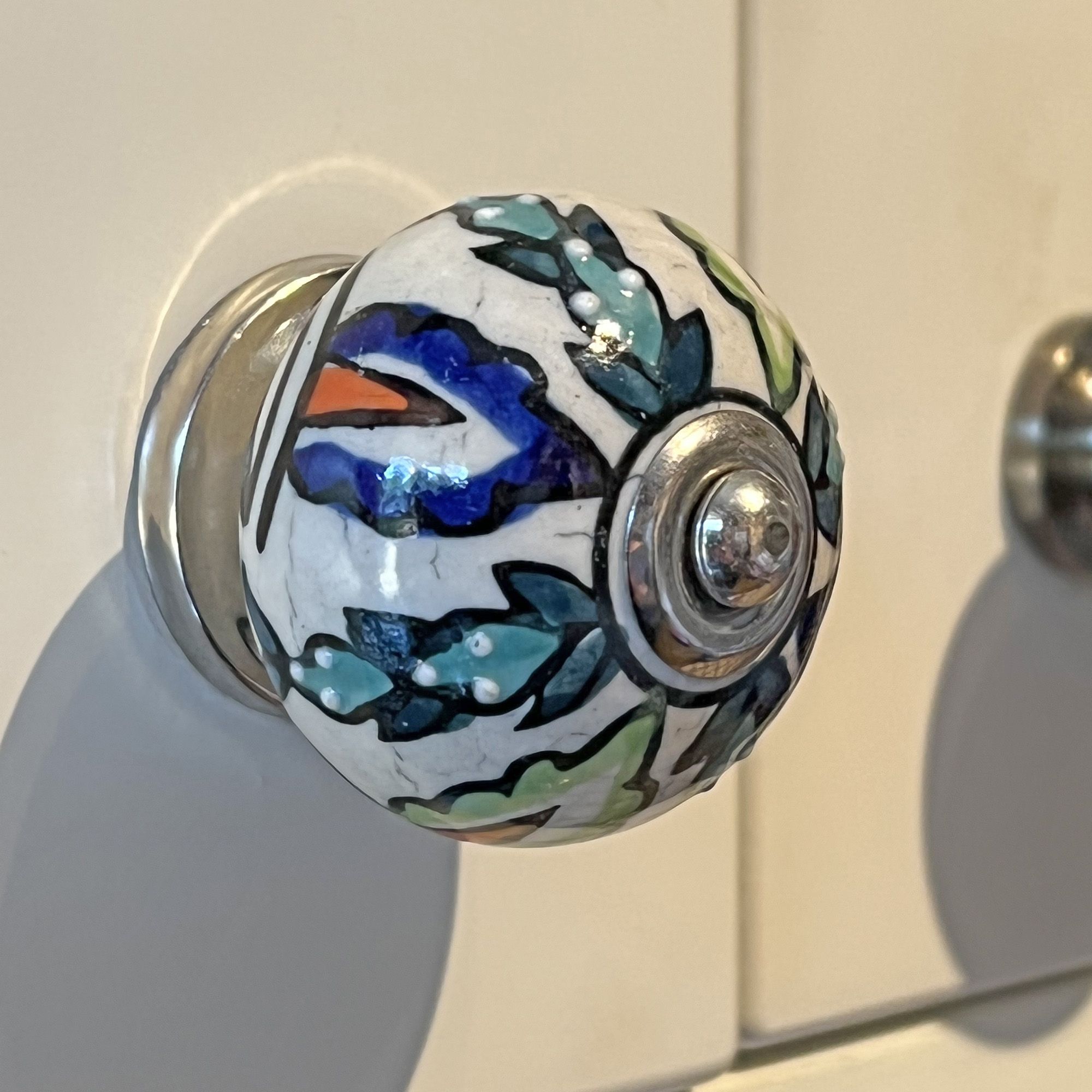 Ceramic Knob with Blue & Green Leaves